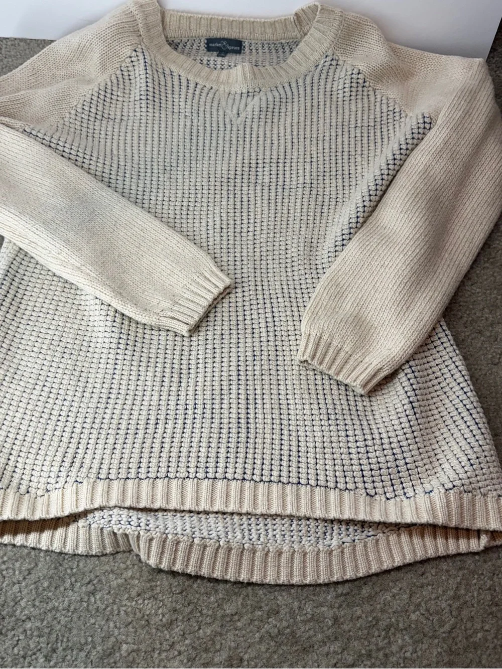 Market & Spruce Medium Cream Raglan Sleeve Textured Knit Sweater Ribbed Trim M